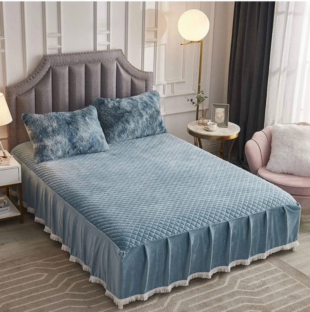 Velvet Diamond-Stitch Bedspread with Tassel Fringe Turquoise Twin NWT